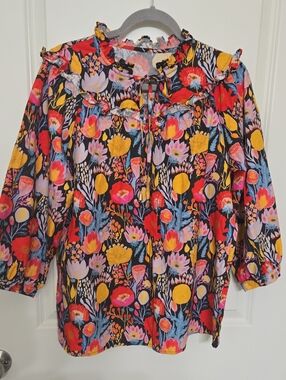 Floral Ruffle Tie-Neck Blouse - Black with Multicolor Floral